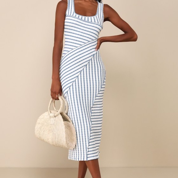 Blue Striped Crinkle Bodycon Midi Dress - Picture 1 of 3